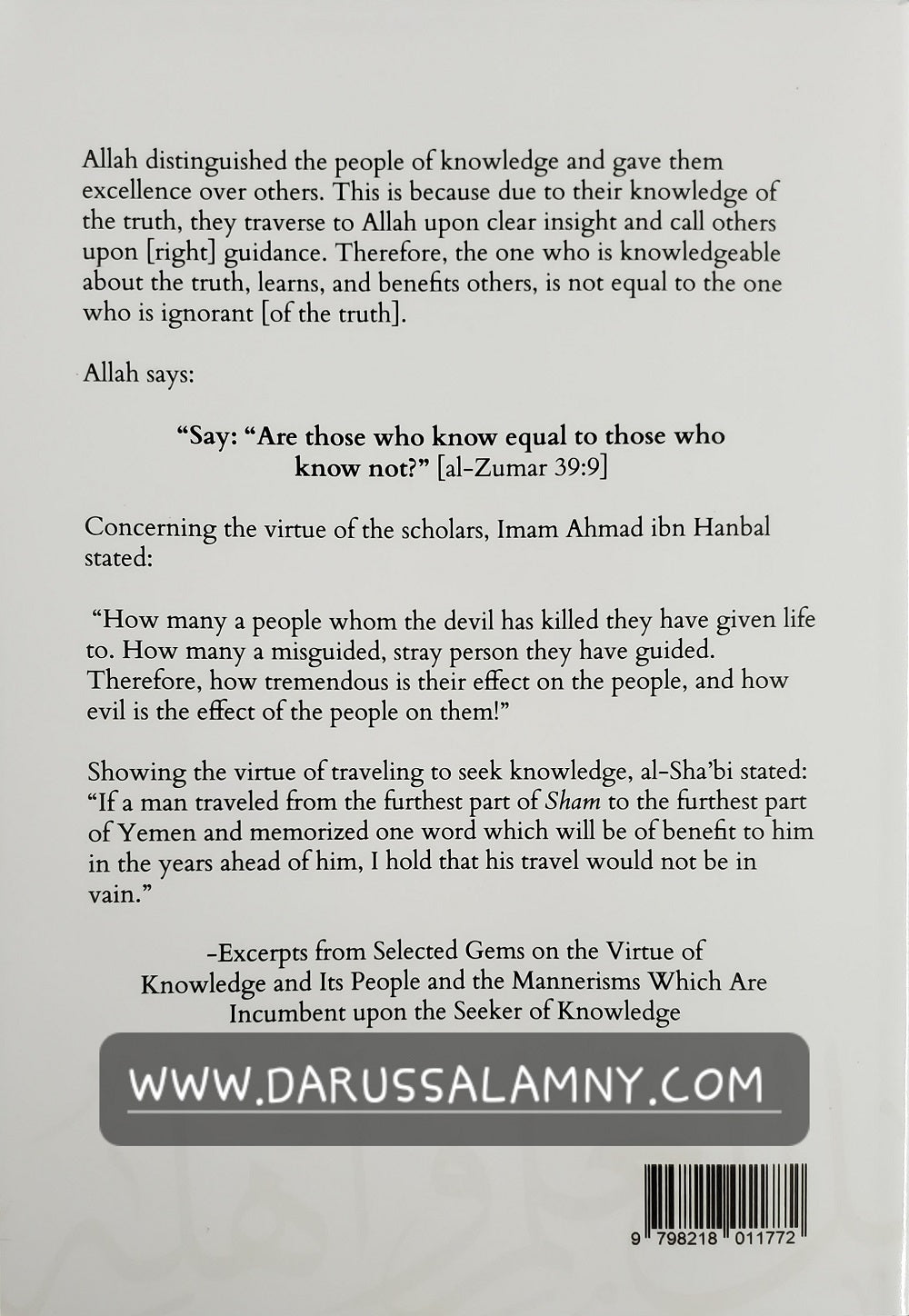 Selected Gems On the Virtue of Knowledge and Its People And the Mannerisms Which Are Incumbent Upon the Seekers of Knowledge